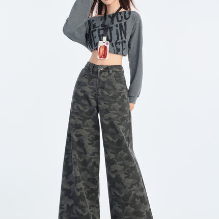 American Grey Overalls Wide Leg Camouflage Jeans 2025 Spring New Women's High Waist Loose Slimming Straight Leg Pants