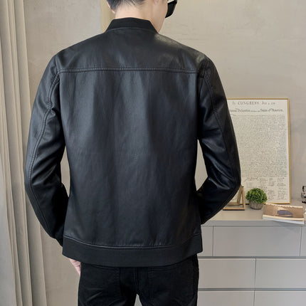 2022winter new men's short leather baseball jacket men's Korean-style slim-fit motorcycle leather jacket fleece-lined