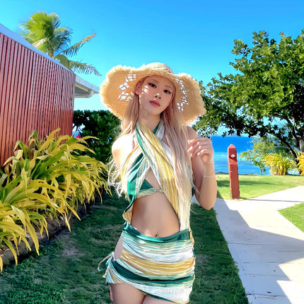 American Retro High-End One-Piece Green Corrugated Cross Halterneck Sexy Bikini Island Resort Hot Spring Swimsuit for Women