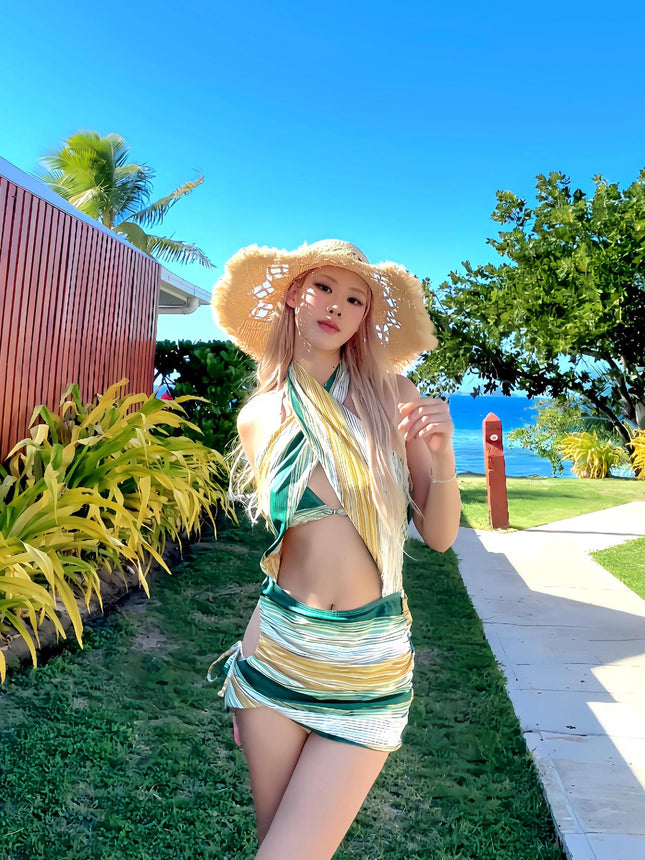 American Retro High-End One-Piece Green Corrugated Cross Halterneck Sexy Bikini Island Resort Hot Spring Swimsuit for Women