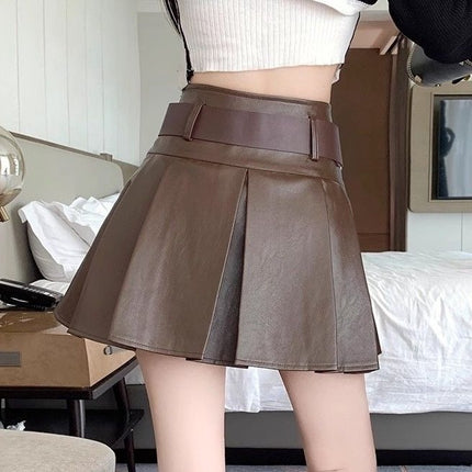 American-Style Pleated Skirt 2024 Autumn and Winter New Plus-Size High-Waisted Slimming Pu Short Pleated Skirt for Women
