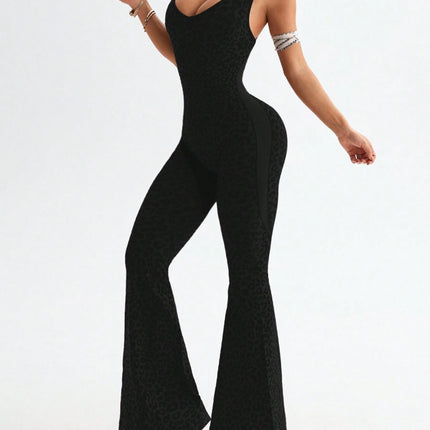 Hot-Selling Leopard Print Flared Jumpsuit in Stock, Amazon Yoga Jumpsuits, Hot-Selling Yoga Jumpsuits Wholesale