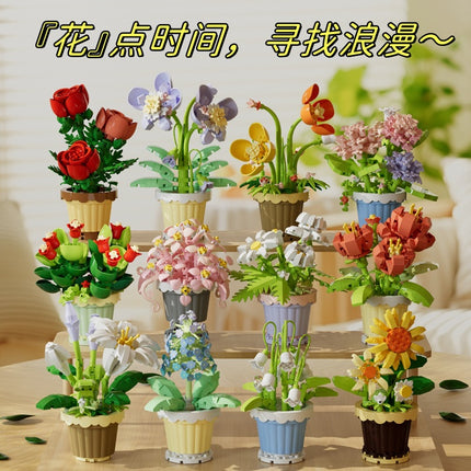 Compatible with Lego Forever Flower Sunflower Rose Fleshy Potted Plants Assembled Building Blocks Toy Valentine's Day Gift for Girls