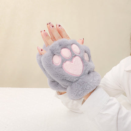 Cute Cat Claw Plush Gloves for Women in Autumn and Winter K-Style Ins Students Versatile Half-Finger Touch Screen Thickeneded Warm Split Fingers