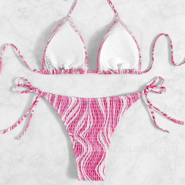 2023 European and American Foreign Trade Sexy Triangle Bag Cable Printing Tether Beach Bikini Swimsuit Mi Sound Explosions