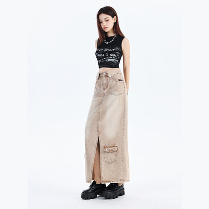 Hong Kong Style Vintage High Waist Slim Long Work Skirt Fashion Design Pear Figure Fashionable Denim Skirt for Women