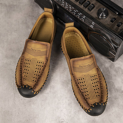 Cross-Border Hot-Selling Spring and Summer New Products Hand-Stitched Casual Men's Shoes Fashionable Hollow Versatile Breathable Genuine Leather Beanie Shoes