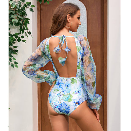 2024 European and American Swimwear New Decal V-neck Long Sleeve Vacation Floral one-piece Swimsuit suit Women's Cross-border Explosions