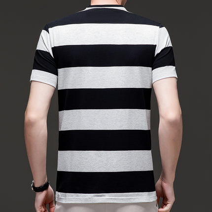 Mingdi Mouse Men's Summer New Casual Short-sleeved Crewneck Plus Size T-shirt Business Striped Pure Cotton Men's T-shirt