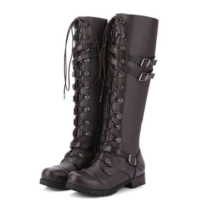 European and American Foreign Trade Leather Boots Round Head Belt Buckle Flat Boots Women's Autumn and Winter New Rivet Lace-up High Knights Boots