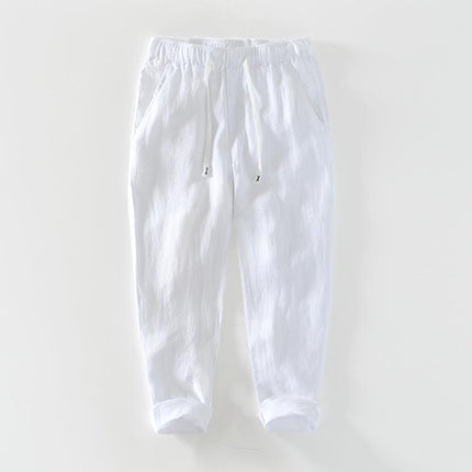 P8236 Summer New Pure Color Simple Casual Pants Men's Linen Breathable Lace-Up Pants Men's One-Piece Drop Shipping