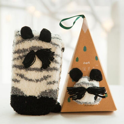 Coral Fleece Japanese-Style Christmas Socks with Embroidered 3D Cartoon Design, Boxed Floor Socks, Half Fleece Socks for Women