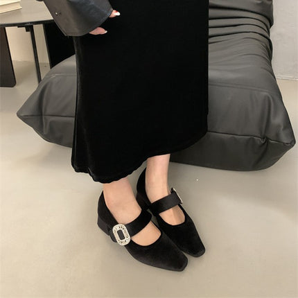 2025 Spring and Summer New Style Women's Shoes with Square Head Flat Bottom Shallow Shoes with Water Diamond Buckle Flat Heel Shoes Suede Shoes