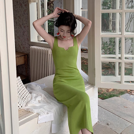 Chuqing Independent French Style Avocado Green Knitted Suspender Dress Women's Summer Slim Inner Vest Dress