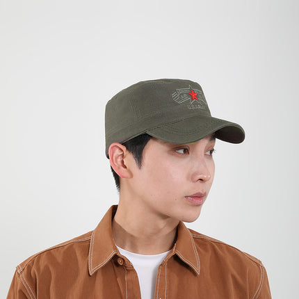 Men's Camouflage Cap with Embroidered Five-Pointed Star, Large Head Circumference, Deep Crown, Outdoor Hiking Travel Breathable Flat Cap