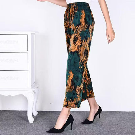 Foreign Trade Plus Size Middle-aged and Elderly Summer Thin Breathable Nine-point Flower Pants Mom Pants Ice Silk Loose Straight Pants