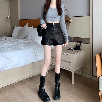 Cross-Border 2025 Autumn and Winter New Women's High-Waisted Slimming Leggings Outerwear Boot Pants Pu Leather Shorts Hot Pants Hip-Hugging Shorts