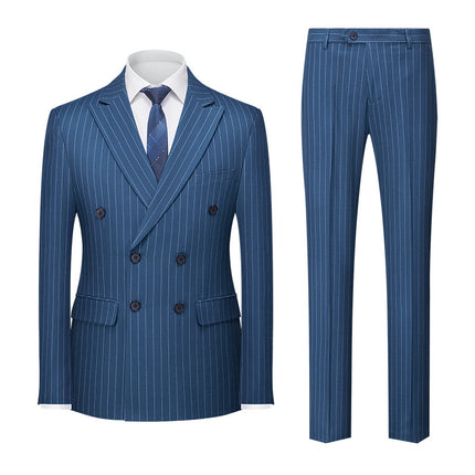 2025 Double-Breasted Striped New Men's Foreign Trade Amazon Suit Two-Piece Set Men's Double-Slit Suit Set