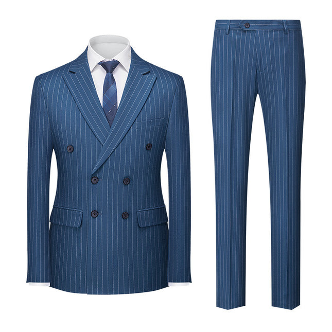 2025 Double-Breasted Striped New Men's Foreign Trade Amazon Suit Two-Piece Set Men's Double-Slit Suit Set