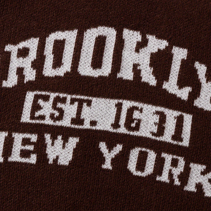 Brown V-Neck Knitted Vest with Eye-Catching "Brooklyn" Letter Jacquard and White Trim
