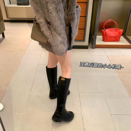 [Clearout] Be Careful~ Slim Metal Buckle Thick-Soled Small Gold Buckle Fleece-Lined High Boots for Women, Knight Boots, Winter Boots