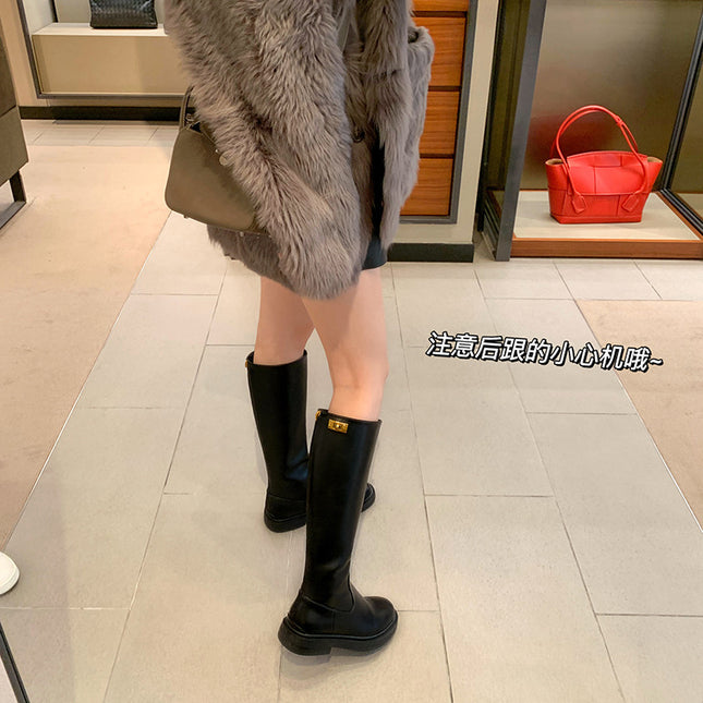 [Clearout] Be Careful~ Slim Metal Buckle Thick-Soled Small Gold Buckle Fleece-Lined High Boots for Women, Knight Boots, Winter Boots