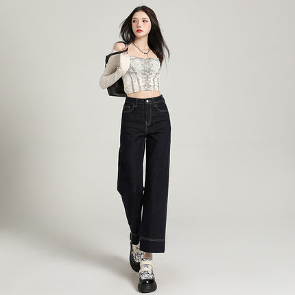 Korean-style All-match Cropped Straight Jeans Women's 2025 Spring New High Waist Elastic Slimming Smoke Pipe and French Stick Pants
