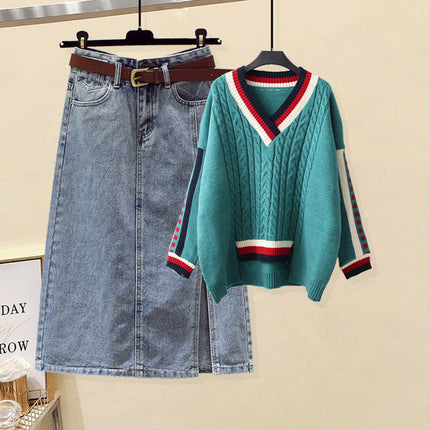 Plus Size Women's Spring and Autum Suit Women's 2025 New Knitted Sweater Slimming Look Versatile Denim Skirt Two-Piece Set