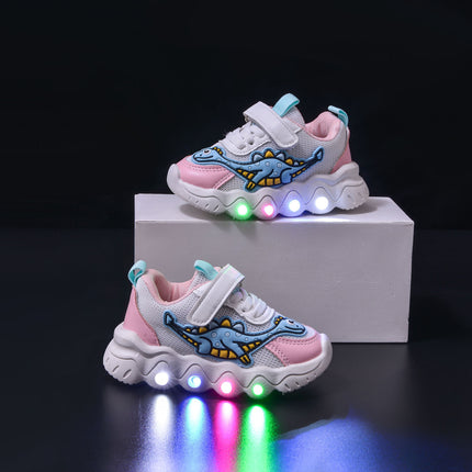 Spring New Style Dinosaur Led Light Sneakers for Boys and Girls Spring & Fall New Mesh Breathable Casual Light Shoes for Children and Middle-Aged Children
