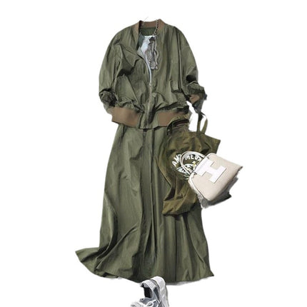 In Stock 2026 Spring New Collection Green Round Neck Zipper Jacket + Skirt Two-Piece Set