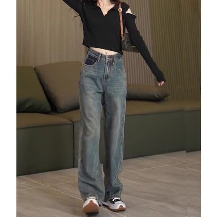 American Style Retro Wide Leg Jeans Women's Trendy All-match New Popular Fashion High Waist Slimming Straight Pants