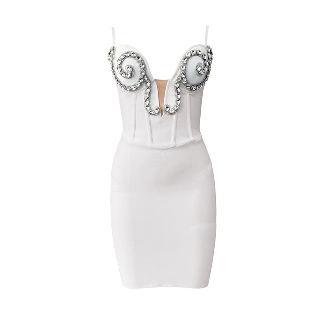 European and American Cross-Border New Women's Suspender Diamond-Encrusted Light Luxury Mesh Bandage Skirt Sexy Hot Girl Hip-Hugging Party Dress