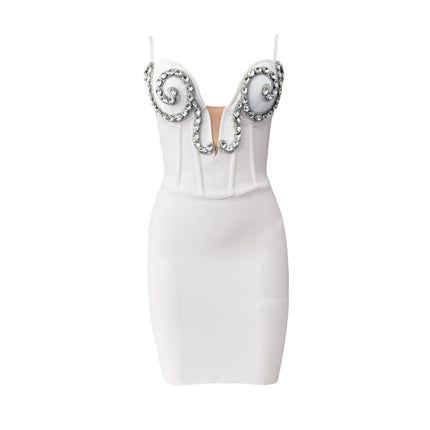 European and American Cross-Border New Women's Suspender Diamond-Encrusted Light Luxury Mesh Bandage Skirt Sexy Hot Girl Hip-Hugging Party Dress