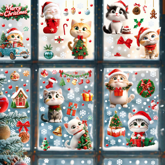 Cross-border New Cute Christmas Cat House Gift Snowflake Glass Stickers Shopping Mall Doors and Windows Flower Decoration Electrostatic Stickers