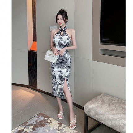 High-end Retro Elegant Elegant Split Ink Printing Slim-fit Improved Shoulder-cutting Cheongsam Sheath Slimming dress
