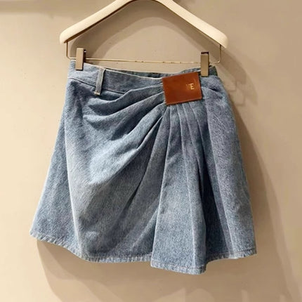 25 Spring and Summer New Pleated Leather Brand Denim Skirt Can Be Salty or Sweet, Age-Reducing, Fashionable, Versatile, Slimming and High-Waisted