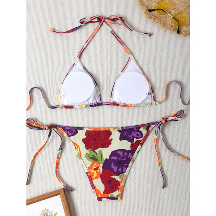 European and American 2025 New Fashion Floral Two-Piece Swimsuit High-Elastic Bikini Halter Neck Slimming Swimsuit
