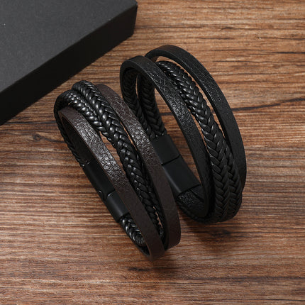 Men's multi-layer woven leather bracelet alloy black plated magnetic buckle unisex bracelet Amazon hot bracelet