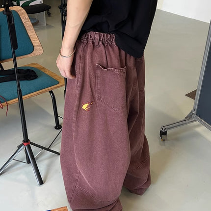 High Street Trendy Brand Small Flame Embroidery Silhouette Jeans Men's American Retro Washed Loose Floor-Length Versatile Long Pants