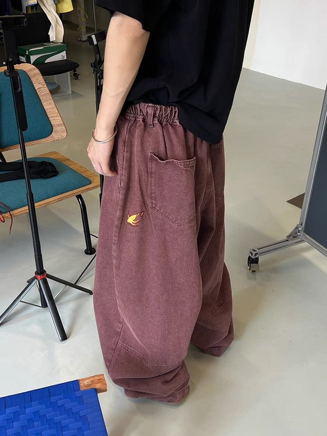 High Street Trendy Brand Small Flame Embroidery Silhouette Jeans Men's American Retro Washed Loose Floor-Length Versatile Long Pants