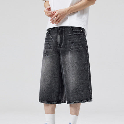 LKTM Men's# American High Street Washed Design Lightning Pattern Denim Shorts Men's and Women's Loose Wide Leg Cropped Pants