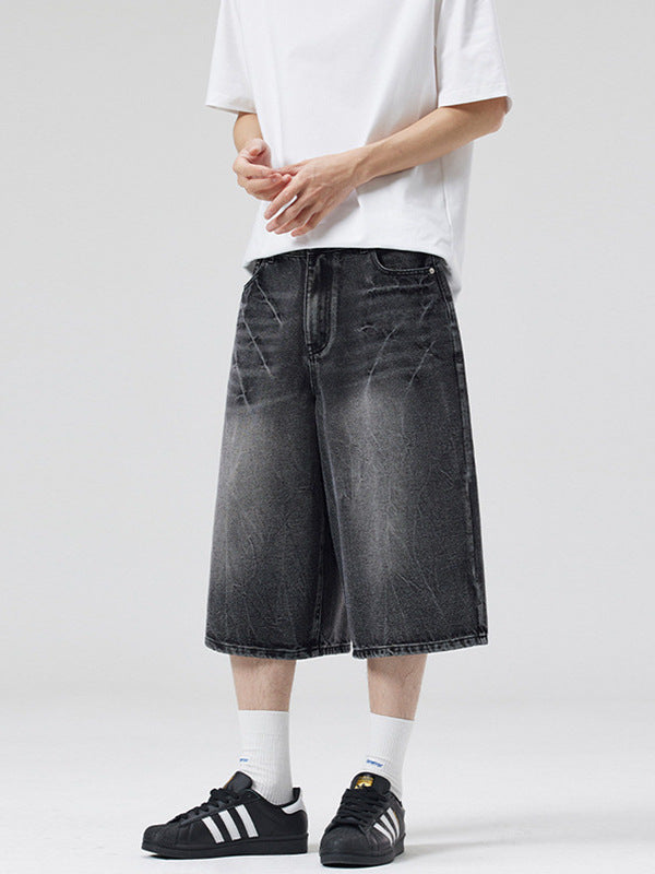LKTM Men's# American High Street Washed Design Lightning Pattern Denim Shorts Men's and Women's Loose Wide Leg Cropped Pants