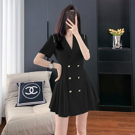 French Hepburn Style Small Black Dress High Sense High Cold Royal Sister Fried Street Small Fragrance Style Pleated Professional Suit dress Summer