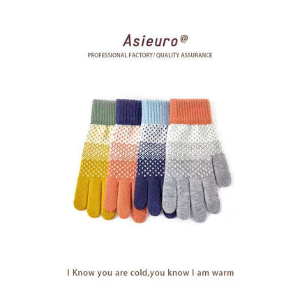 Winter Warm Anti-Freeze Fleece-Lined Touch Screen Knitted Gloves for Boys and Girls to Prevent Cold and Cute Ladies Cycling Electric Bikes to Pick up Leaks