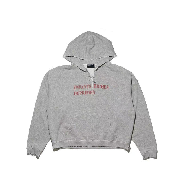 In-Stock Melancholic Rich Kid Style 25Ss Floral Gray Distressed Slogan Cardigan Collar Pin Sweatshirt Hoodie