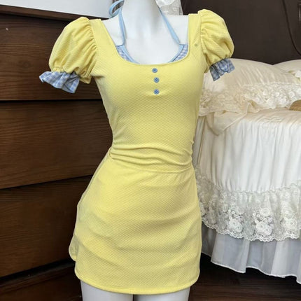 Original Manufacturer Yuanqi Girl One-Piece Puff Sleeve Swimsuit for Women, Cute, Covers the Body, Slimming, Conservative, Suitable for Vacation and Hot Springs
