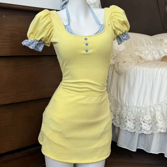 Original Manufacturer Yuanqi Girl One-Piece Puff Sleeve Swimsuit for Women, Cute, Covers the Body, Slimming, Conservative, Suitable for Vacation and Hot Springs