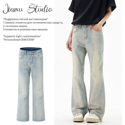 Jiamu American High Street Whiskered Baggy Jeans Unisex Versatile Wide-Leg Jeans for Men and Women Loose and Slightly Flared