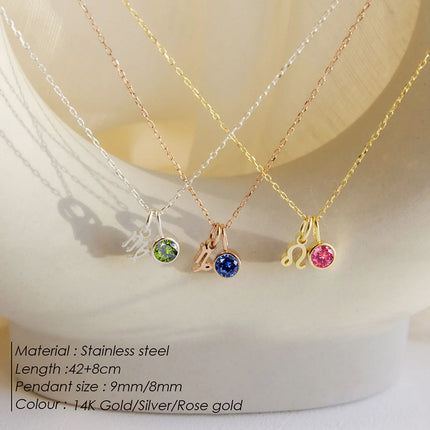 Cross-Border European and American Twelve Zodiac Signs Three-Dimensional Fashion Necklace, Light Luxury Colorful Rhinestone Birthstone Necklace, Stainless Steel Jewelry