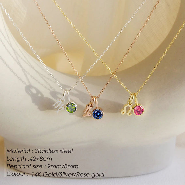 Cross-Border European and American Twelve Zodiac Signs Three-Dimensional Fashion Necklace, Light Luxury Colorful Rhinestone Birthstone Necklace, Stainless Steel Jewelry